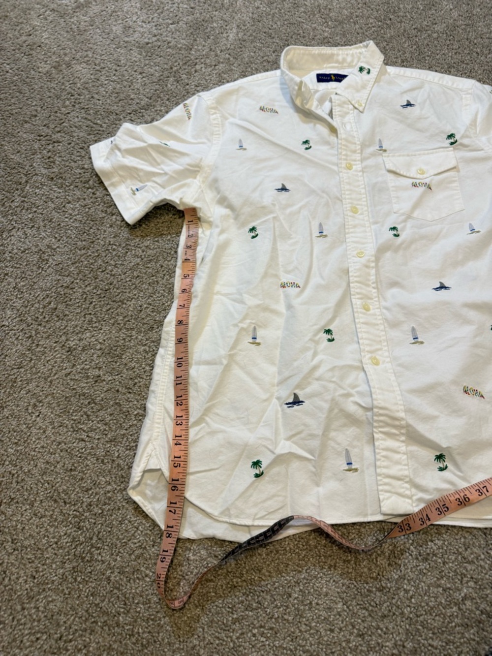 Polo Ralph Lauren Men's White Aloha Embroidered Short Sleeve Button Down Shirt L - Picture 5 of 6